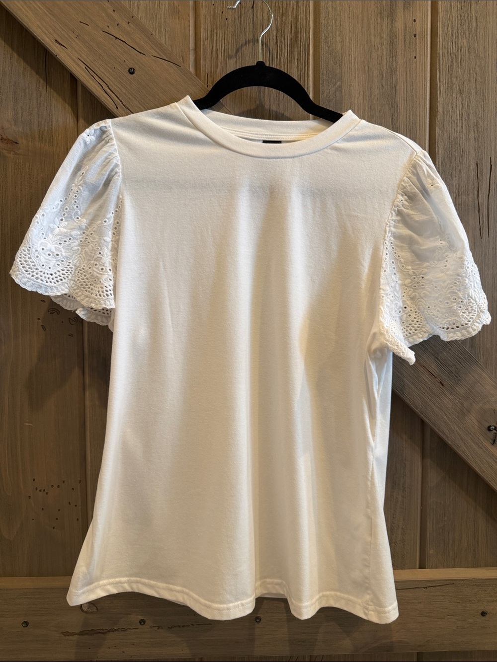 SHEIN Lace Sleeve Cotton Crewneck Top - White
